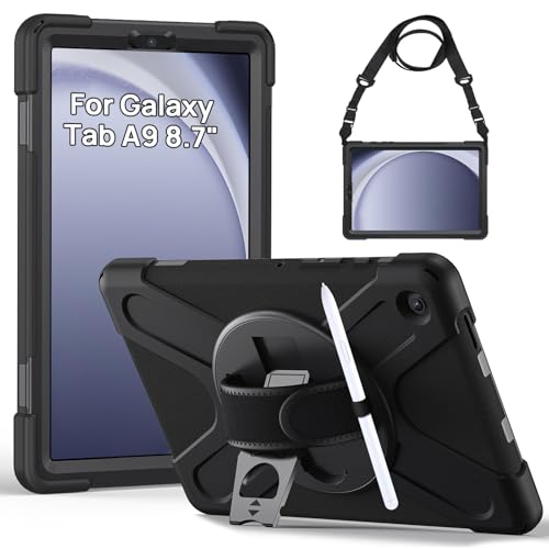 Gerutek Case for Samsung Galaxy Tab A9 8.7 inch 2023, SM-X110/X115 Shockproof Cover,Heavy Duty Rugged Samsung Tablet A9 Case with 360 Rotating Stand/Hand & Shoulder Strap for Galaxy Tab A9, Black