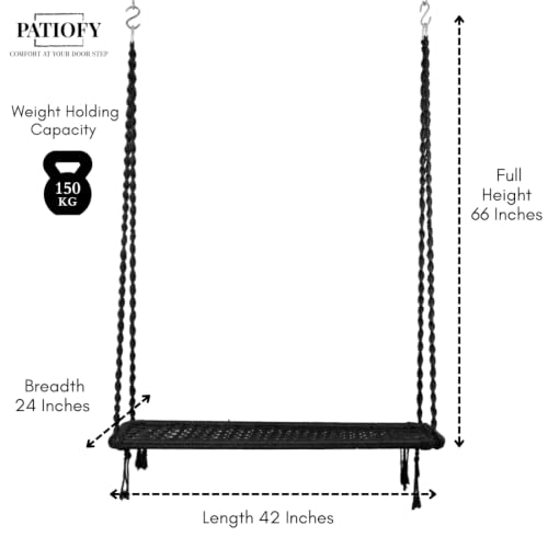 Image of Patiofy Double Seater Plank Swing for Adults | Indoor and Outdoor Use | Jhula for Adults with Grey Sitting Cushion & With Round Bolster Pillow | Hanging Kit Included | Weight Capacity - 150 Kg - Black