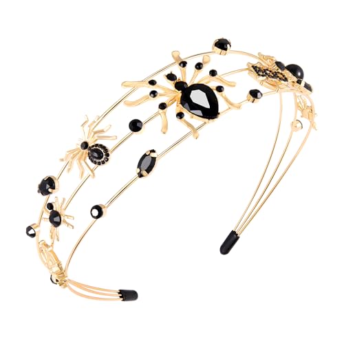 HEIDKRUEGER Halloween Headband for Women Crystal Spider Hairband Wide Alloy Gold Halloween Hair Hoop Accessories