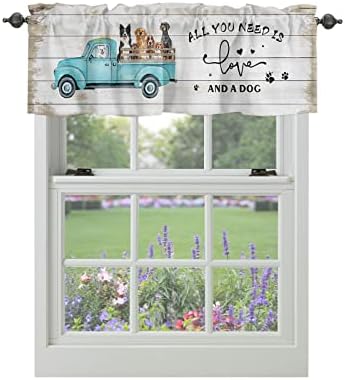 Windows Valances Curtain Blue Truck with Dog Kitchen Valances Rod Pocket Farmhouse Animal Retro Wood Grain Window Treatment Short Topper Curtains for Kitchen Living Bedroom 1 Panel,54 by 18 inch