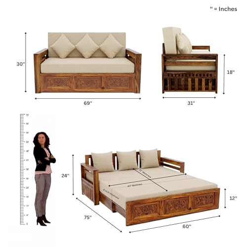 Image of SONA ART & CRAFTS Maharaja Sheesham Wood 3 Seater Sofa Cum Bed with Bedside | Wooden 3 Seater Sofa for Living Room Wooden Furniture Sofa Bed for Home (Natural Finish)