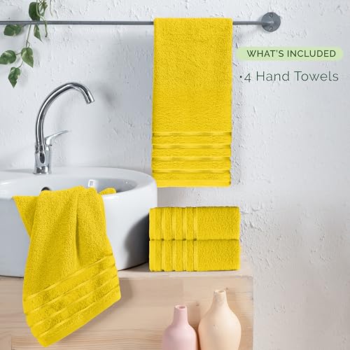 Image of Elegant Comfort 100% Turkish Cotton 4 Lines Viscose Stripe Luxury 4 Pack Hand Towel Set - Ultra Absorbent and Soft 16 x 28 Inch Premium Hotel Spa Quality Towels for Everyday Bath Use, Yellow