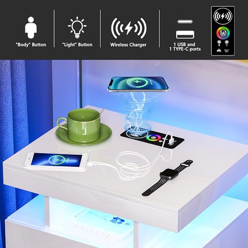 Image of HNEBC Auto LED Nightstand with Wireless Charging Station & USB Ports,High Gloss Bedside Tables with 2 Drawers,Floating Nightstand with 3 Color & Adjustable Brightness for Bedroom,White