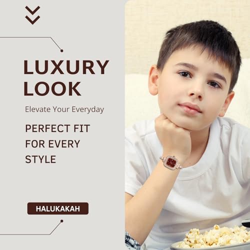 Image of Halukakah Kids' Sparkling Diamond Watch - 18k Real Gold /Rose Gold /Platinum Plated - Multiple Colors Rectangle Dial - Quartz Adjustable Stainless Steel Wristwatch - Suitable for Boys and Girls