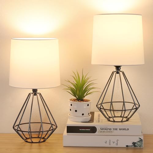 GGOYING Set of 2 Bedside Table Lamp, Black Metal Modern Lamp with White Fabric Shade, Simple Side Lamp for Living Room,Bedroom,Home,Office Working