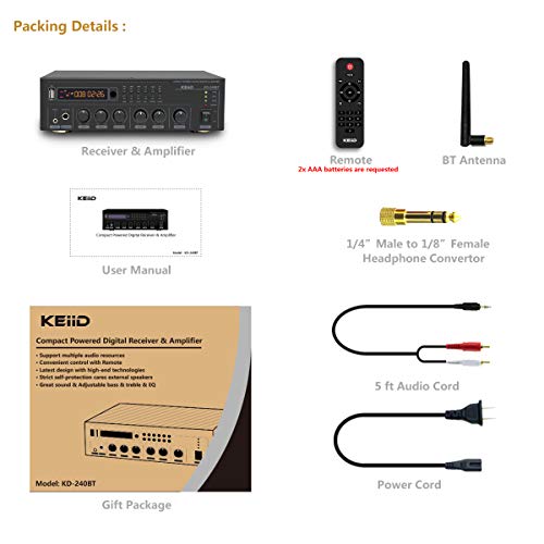 KEiiD Bluetooth (V5.0) Stereo Digital Amplifier Receiver RMS 2X 40W for Home Audio Passive Speakers System, Compact with USB/Optical/SPDIF/AUX/MP3/Mic, Remote Control Sleep Timer