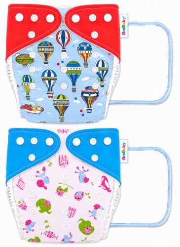 Image of Ambaby Pack of 4 Premium Pocket Cloth Diapers with 2 Diaper Covers & 2 High-Absorbency 4Layer Insert Pads. Leak-Proof, Adjustable, Breathable, Reusable & Washable. Fits Babies 3 Months-3 Years(3-18kg)