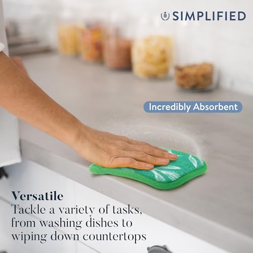 Image of Simplified 5-Pack Scrub & Wipe 2-in-1 Dishwashing Sponges - Non-Abrasive Cleaning Sponges, Double-Sided - Safe for Dishes, Non-Stick Pans or Glassware, Absorbent Dish Sponges, Green Leaves