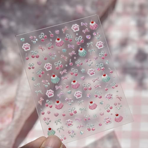 Image of 5D Embossed Cake Nail Sticker for Nails Art Pink Nail Decals Cherry Bow Nail Art Stickers Cute Nails Decal Self Adhesive Manicure Supplies Decoration for Women Girls Kid