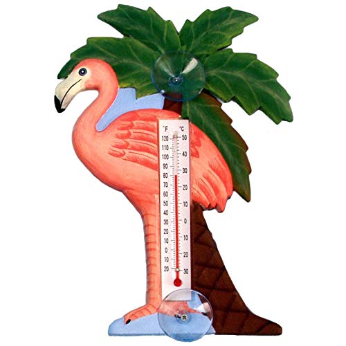 BLACK FOREST DECOR Flamingo and Palm Tree Small Window Thermometer