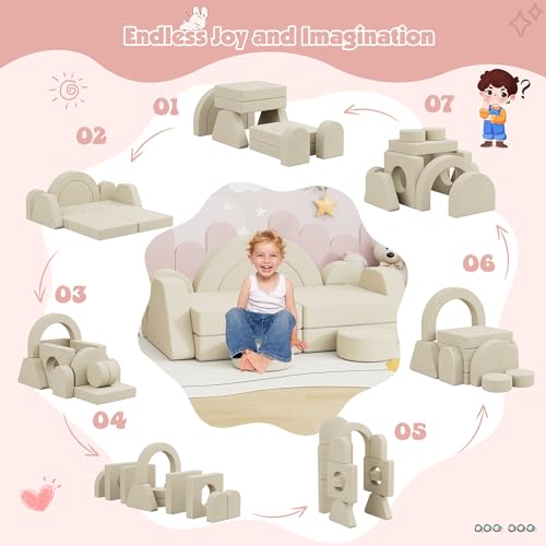Image of HedoAjim 12 PCS Modular Kids Play Block Soft Child Couch Sofa Toddler Building Fortplay Climbing Bedroom Playroom Baby Convertible Floor Foam Cushion for Kids(Beige-Double)