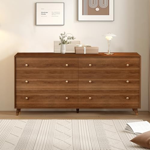 Image of Messenya 6 Drawer Dresser for Bedroom, 55 Inch Walnut Dresser for Closet, Mid Century Wood Chest of Drawers with Natural Texture & Pre-Embedded Slots for TV Stand, Living Room, Hallway, Office