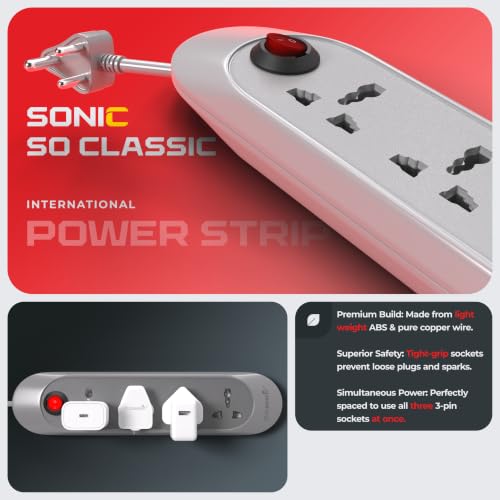 Image of Sonic 15 Foot 4-Socket Extension Board - 10A 240V with Wall Hanging | Heavy-Duty Thick Copper Cord Power Strip, Multi-Plug Extension Box & Spike Guard