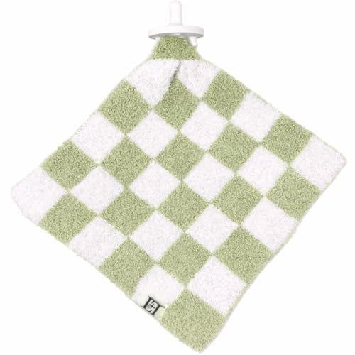 Image of L+L USA Checkered Baby Lovey Pacifier /Teether Holder 10 inchx10 inch - DreamSoft Plush Fluffy Cuddly Soothie Reversible Mini Comfort Blanket - Cute Newborn Gift Essential Babies Boys Girls (Green /White)