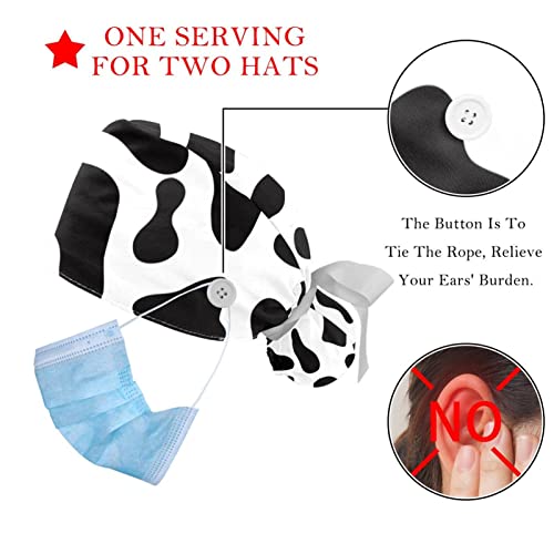 Image of 2 PCS Bouffant Cap with Button Ponytail Pouch Working Cap Sweatband Adjustable Surgical Cap Black and White Cow