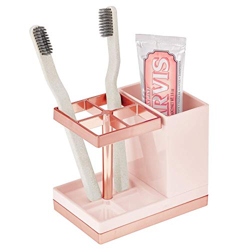 mDesign Decorative Plastic Bathroom Toothbrush and Toothpaste Stand Holder - Dental Organizer with 5 Storage Compartments for Bathroom Vanity Countertops and Medicine Cabinet - Light Pink/Rose Gold