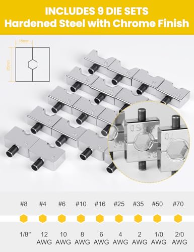 Image of 10 Tons Hydraulic Crimping Tool Battery Cable Lug Terminal Crimper with 9 Pairs of Dies, 12 AWG to 2 /0 AWG Wire Crimping Tool