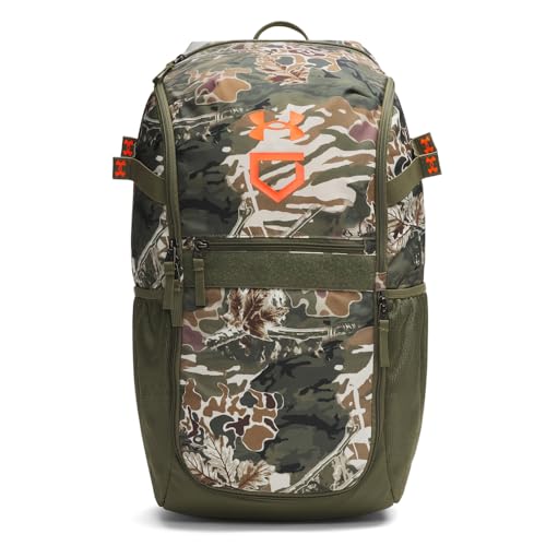 Under Armour Estampa de mochila de beisebol utilitária unissex, (390) Marine OD Green / / Blaze Orange, tamanho único, (390) Marine Od Green / / Blaze Orange, One Size, Mochila de beisebol utilitária