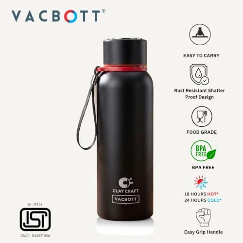 Image of Clay Craft Evevrest 500 Ml Double Wall Vacuum Insulated Stainless Steel Water Bottle | 24 Hrs Cold & 18 Hrs Hot | 1 Year Limited Warranty | AIRITIGHT, BPA-Free | BIS Certified| Made In India (Black)