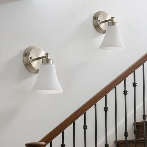 Image of LOUSACE 2 Pack 1-Light Brushed Nickel Bathroom Lighting Fixtures Vintage Bathroom Vanity Lights with Opal White Glass, Set of 2 Single Vanity Wall Sconces for Side Mirror Cabinet Stairs Living Room