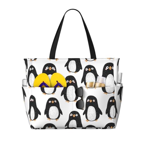 Large Beach Bags for Women Sandproof - Cute Penguin Cartoon Print Summer Travel Work Tote Bags with Zipper