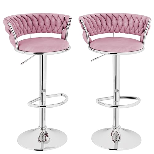 Image of Lamerge Velvet Bar Stools Set of 2,Swivel Bar Chairs Counter Adjustable Height Barstools with Back & Footrest,Upholstered Kitchen Island Chairs for Pub(2PCS Pink)