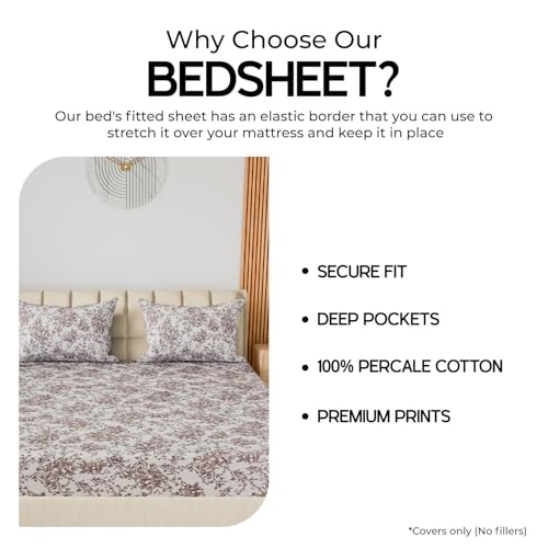 Image of LINENWALAS 100% Cotton 200 TC Queen Fitted Sheet with 2 Pillow Covers | 360 Elastic Bedsheet with 4-8 inch Deep Pocket - Soft Breathable Bedding (60x78 inch, Brown Botanical)