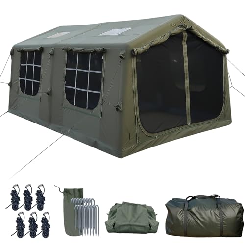 Luxury Inflatable Tent for Camping, 17.2㎡ Large 2 Rooms Glamping Tent with Clear Skylight & Doors, 4-Season Canvas Inflatable Tents for 8&ndash;10&ndash;12 People, Hot Tent with Stove Jack, AC Vent & Pump