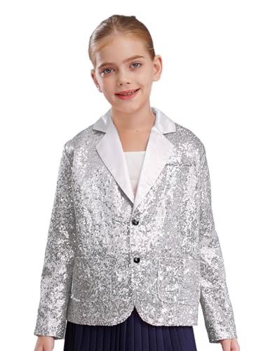Kids Girls Sequin Lapel Blazers Jacket Button Down Long Sleeve Suit Coat for Wedding Party Prom Banquet3