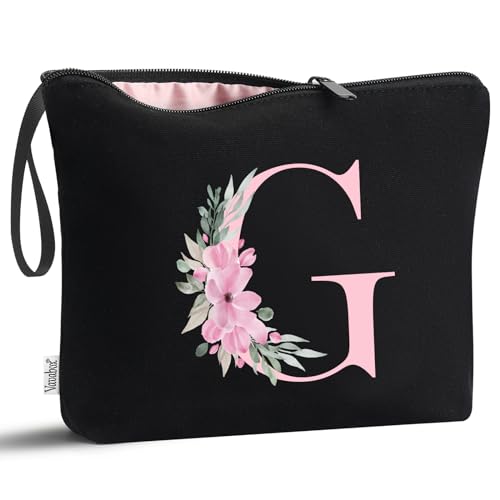 Image of Vavabox A-Z Personalized Makeup Bag, Birthday Gifts for Women Mom, Gifts for Best Friend, Bride Bridesmaid Cosmetic bag (G, 02-Black)
