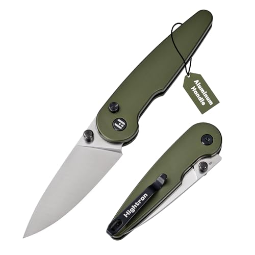 Hightron Birdidi Pocket Knife, 2.91" D2 Blade Aluminum Handle with Pocket Clip and Thumb Stub, ButtonLock folding Knife for Camping Hiking, EDC for Men Women Green-W