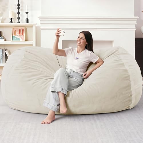 Image of 6FT Bean Bag Chair 6'Giant Bean Bag Chairs with Adults, Large Beanbag Chair | Bean bag Lounger with Machine Washable Cover Dutch Velvet Fabric, Comfy Chairs for Living Room Bedroom Dorm, Beige