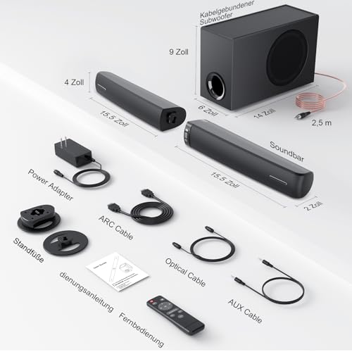 Yinet-EU Soundbar mit Subwoofer für TV Geräte, 2-in-1 abnehmbare Sound bar, 120W, kräftiger Bass, 3 Modi, kompatibel mit Bluetooth 5.3/ARC/Opt/AUX für TV, PC, Gaming, Beamer 1 Pcs (Schwarz)