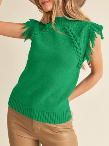 Image of Womens Summer Sleeveless Sweater Vest 2025 Mock Neck Cable Knit Fringe Cap Sleeve Boho Trendy Pullover Tank Tops
