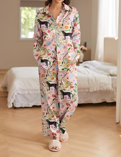 Ekouaer Womens Satin Silky Pajama Set 2 Piece Print PJs Soft Loungewear Button Down Sleepwear with Elastic Waist Long Pants