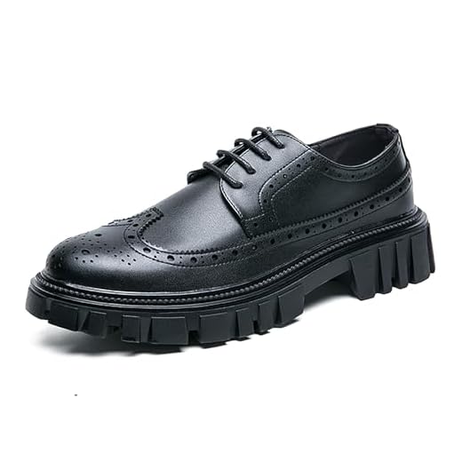 Sapato social masculino plataforma grosso couro genuíno brogue ponta de asa Oxfords clássico bico redondo cadarço sola lug sola Derby sapatos casuais confortáveis negócios formal trabalho sapatos,