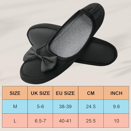 OFFCUP Damskie kapcie balerinowe, buty domowe, mokasyny z elegancką kokardką i pianką z pamięcią kształtu, przytulne, lekkie buty domowe z antypoślizgową miękką gumową podeszwą, Czarny, Medium
