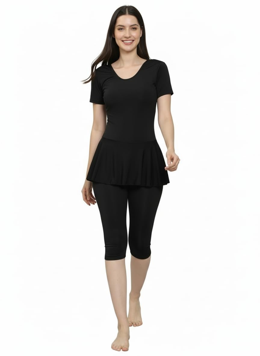 Women Knee Length Removable Chest Pads One Piece Frock Style Swimming Costume