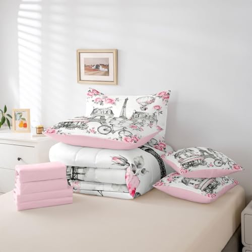 Image of Eiffel Tower King Size 7 Pcs Bedding Sets with Sheets,Comforter,Pillowcases,Pillow Covers French Building Decor Romantic Style Comforter Set Pink Rose Hot Air Balloon Bedroom Dorm Bed Set