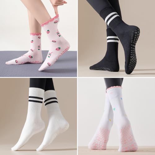 Image of Toes Home Pilates Socks for Women with Non Slip Grippers, Yoga Crew Socks for Barre Hospital Sticky Slipper Socks 4 Pairs