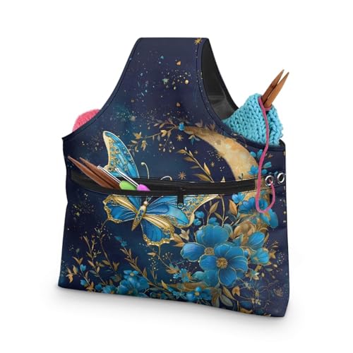 Image of KUIFORTI Butterfly Yarn Bag Blue Knitting Bags Crochet Bag Organizer, Drawstring Yarn Storage Knitting Bags, Yarn Holder for Crocheting Project, Store Skein Ball, Needles Accessories Large Size