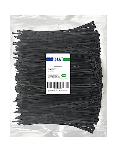 HS Durable Plastic Zip Ties 8 Inch (Bulk-1000 Pack) UV Rated Black Cable Ties 40 Lbs Self-Locking Wire Ties Width 1/8 Inch,Outdoor Purpose