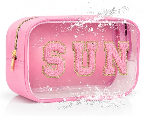 TRIP TIGER Clear Sunscreen Pink Makeup Bag with SUN Chenille Letter - Beach SPF Cosmetic Organizer PVC Waterproof Toiletry Pouch for Women Pool Travel Swimming