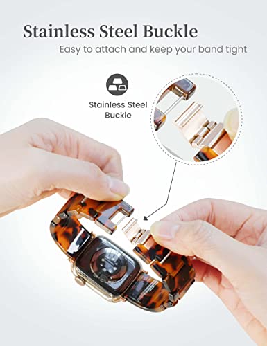 Luroza Cute Resin Watch Band Compatible With Apple Watch Band 38Mm 40Mm 41Mm 42Mm 44Mm 45Mm 49Mm Tortoise Shell Watch Band Bracelet With Adjustable Links Stainless Steel Buckle For Caramel Pink Iwatch Band Series Se Series 8 7 Ultra 6 5 4 3 2 1 For Women #TOP4