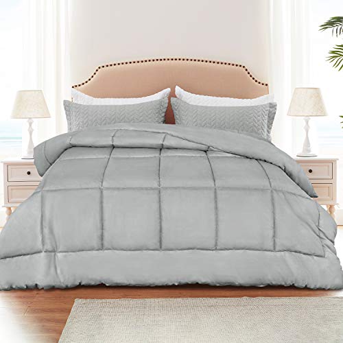 TECHTIC Comforter Duvet Insert Queen Size, Plush Grey Comforter Down Alternative Quilted Stand Alone Bedding Comforter for All Season