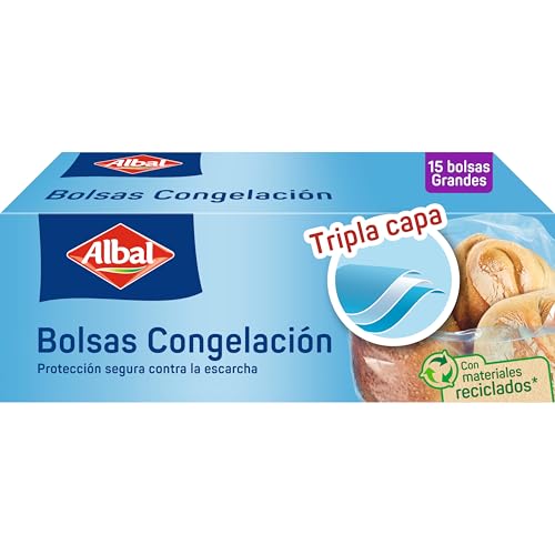 Albal Bolsas Congelación 8 Litros, Fabricadas con 70% de Materiales Reciclados, Triple Capa. Resistente, Reutilizables, Reciclables, 15 Bolsas Grandes. Libres de BPA