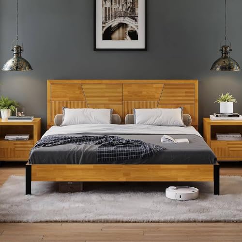 Image of Bme Trapeze King Bed Frame - Modern Solid Wood Bed with Smooth Pattern Headboard, Black Metal Legs, Teak Brown Finish - Durable King Size Platform Bed for Contemporary Bedrooms