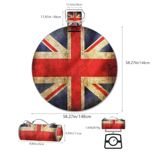 Shimoshe Vintage British Flag Picnic Outdoor Blanket Foldable Waterproof Sandproof Beach Blanket Portable Water-Resistant Round Picnic Mat for Travel Camping Park Lawn