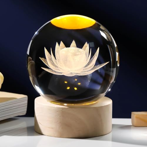 Image of 3D Crystal Ball LED Night Lamp with Wooden Base | Warm Light Bedside Table Lamp for Bedroom, Living Room, Kids Room, Study, Home Decoration & Gifting (Lotus)
