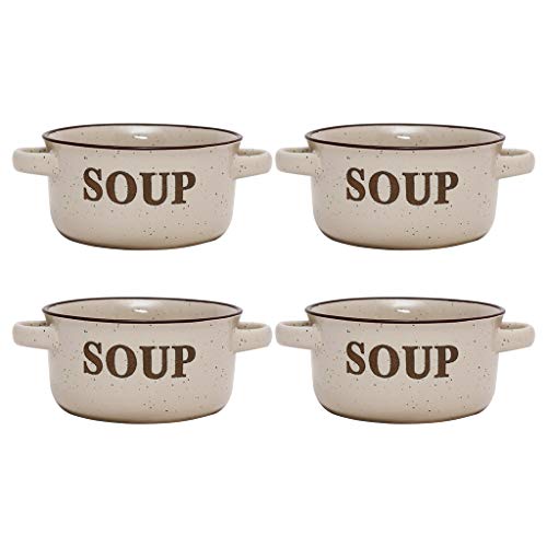 Set of 4 Ceramic Beige Stoneware Soup Bowl Dishes with Handles